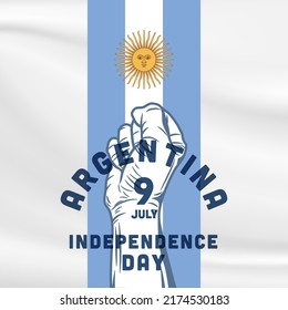 Square Banner illustration of Argentina independence day celebration. Waving flag and hands clenched. Vector illustration.