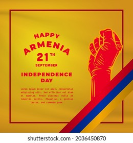 Square Banner illustration of Armenia independence day celebration. Waving flag and hands clenched. Vector illustration.