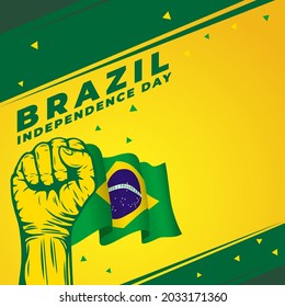 Square Banner illustration of Brazil independence day celebration. Waving flag and hands clenched. Vector illustration.