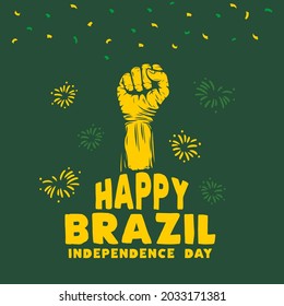 Square Banner illustration of Brazil independence day celebration. Waving flag and hands clenched. Vector illustration.