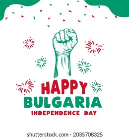 Square Banner illustration of Bulgaria independence day celebration. Waving flag and hands clenched. Vector illustration.