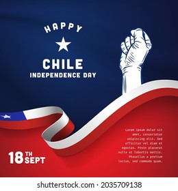 Square Banner illustration of Chile independence day celebration. Waving flag and hands clenched. Vector illustration.