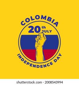 Square Banner illustration of Colombia independence day celebration. Waving flag and hands clenched. Vector illustration.