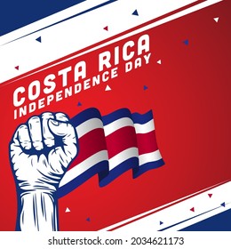 Square Banner illustration of Costa Rica independence day celebration. Waving flag and hands clenched. Vector illustration.