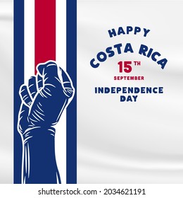Square Banner illustration of Costa Rica independence day celebration. Waving flag and hands clenched. Vector illustration.