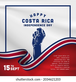 Square Banner illustration of Costa Rica independence day celebration. Waving flag and hands clenched. Vector illustration.