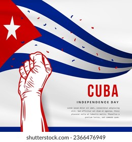 Square Banner illustration of Cuba independence day celebration with text space. Waving flag and hands clenched. Vector illustration.