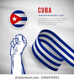 Square Banner illustration of Cuba independence day celebration with text space. Waving flag and hands clenched. Vector illustration.