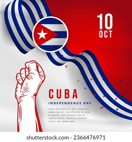 Square Banner illustration of Cuba independence day celebration with text space. Waving flag and hands clenched. Vector illustration.