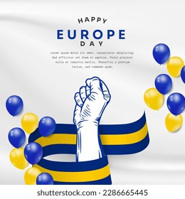 Square Banner illustration of Europe day celebration with text space. Waving flag and hands clenched. Vector illustration.