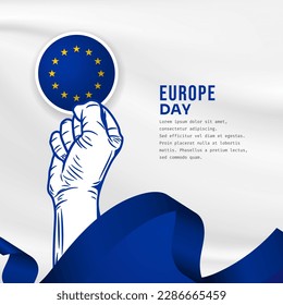 Square Banner illustration of Europe day celebration with text space. Waving flag and hands clenched. Vector illustration.