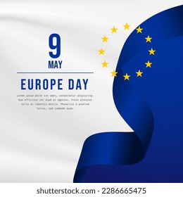 Square Banner illustration of Europe day celebration with text space. Waving flag and hands clenched. Vector illustration.