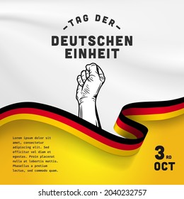 Square Banner illustration of German Unity Day celebration. Translation: Day of German unity. Waving flag and hands clenched. Vector illustration