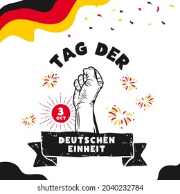 Square Banner illustration of German Unity Day celebration. Translation: Day of German unity. Waving flag and hands clenched. Vector illustration