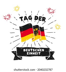 Square Banner illustration of German Unity Day celebration. Translation: Day of German unity. Waving flag and hands clenched. Vector illustration