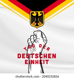 Square Banner illustration of German Unity Day celebration. Translation: Day of German unity. Waving flag and hands clenched. Vector illustration