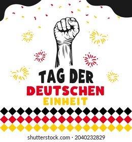 Square Banner illustration of German Unity Day celebration. Translation: Day of German unity. Waving flag and hands clenched. Vector illustration