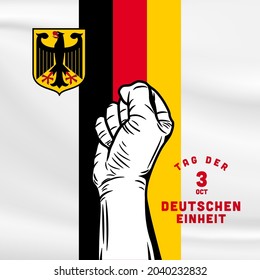 Square Banner illustration of German Unity Day celebration. Translation: Day of German unity. Waving flag and hands clenched. Vector illustration