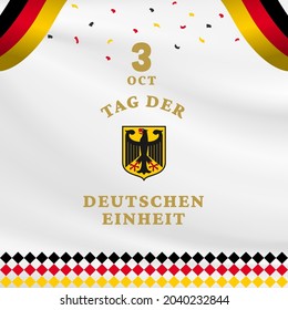 Square Banner illustration of German Unity Day celebration. Translation: Day of German unity. Waving flag and hands clenched. Vector illustration