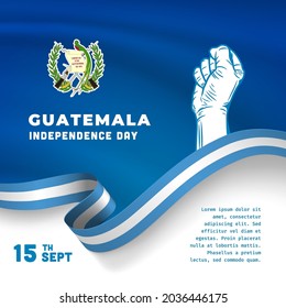 Square Banner illustration of Guatemala independence day celebration. Waving flag and hands clenched. Vector illustration.