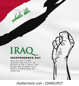 Square Banner illustration of Iraq independence day celebration with text space. Waving flag and hands clenched. Vector illustration.