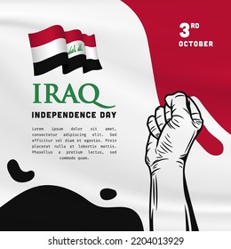 Square Banner illustration of Iraq independence day celebration with text space. Waving flag and hands clenched. Vector illustration.