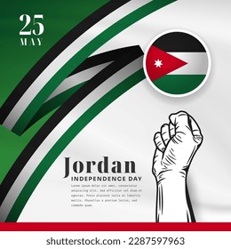 Square Banner illustration of Jordan independence day celebration with text space. Waving flag and hands clenched. Vector illustration.