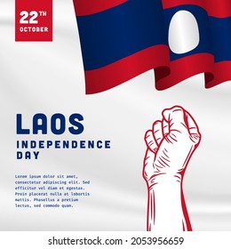 Square Banner illustration of Laos independence day celebration. Waving flag and hands clenched. Vector illustration.
