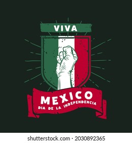 Square Banner illustration of Mexico independence day celebration. Translation: September 16, Long live Mexico, Independence Day! Waving flag and hands clenched. Vector illustration.