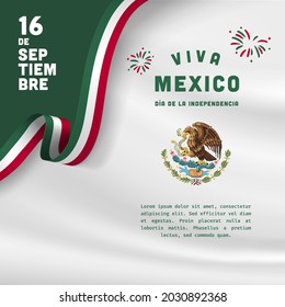 Square Banner illustration of Mexico independence day celebration. Translation: September 16, Long live Mexico, Independence Day! Waving flag and hands clenched. Vector illustration.