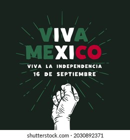 Square Banner illustration of Mexico independence day celebration. Translation: September 16, Long live Mexico, Independence Day! Waving flag and hands clenched. Vector illustration.