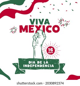 Square Banner illustration of Mexico independence day celebration. Translation: September 16, Long live Mexico, Independence Day! Waving flag and hands clenched. Vector illustration.