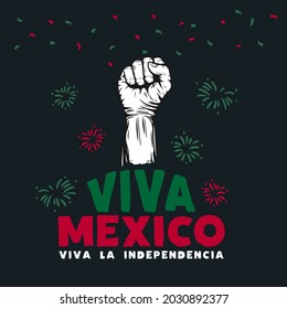 Square Banner illustration of Mexico independence day celebration. Translation: September 16, Long live Mexico, Independence Day! Waving flag and hands clenched. Vector illustration.