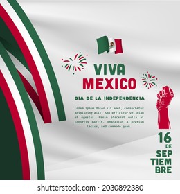 Square Banner illustration of Mexico independence day celebration. Translation: September 16, Long live Mexico, Independence Day! Waving flag and hands clenched. Vector illustration.