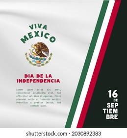 Square Banner illustration of Mexico independence day celebration. Translation: September 16, Long live Mexico, Independence Day! Waving flag and hands clenched. Vector illustration.