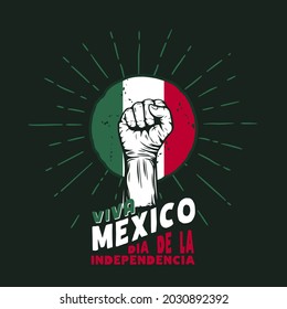 Square Banner illustration of Mexico independence day celebration. Translation: September 16, Long live Mexico, Independence Day! Waving flag and hands clenched. Vector illustration.