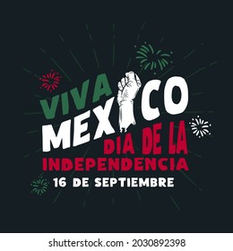 Square Banner illustration of Mexico independence day celebration. Translation: September 16, Long live Mexico, Independence Day! Waving flag and hands clenched. Vector illustration.