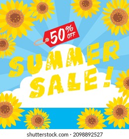 Square banner illustration of the sunflower for the summer sale.