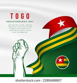 Square Banner illustration of Togo independence day celebration with text space. Waving flag and hands clenched. Vector illustration.