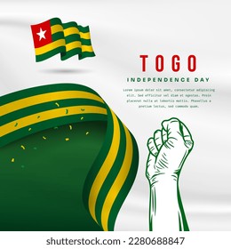 Square Banner illustration of Togo independence day celebration with text space. Waving flag and hands clenched. Vector illustration.