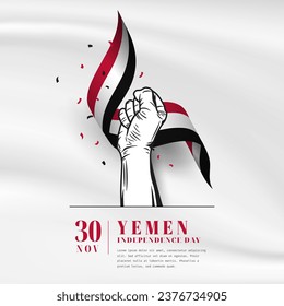 Square Banner illustration of Yemen independence day celebration with text space. Waving flag and hands clenched. Vector illustration.