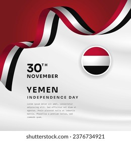 Square Banner illustration of Yemen independence day celebration with text space. Waving flag and hands clenched. Vector illustration.