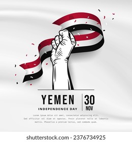 Square Banner illustration of Yemen independence day celebration with text space. Waving flag and hands clenched. Vector illustration.