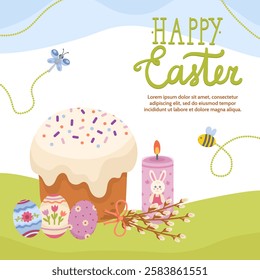 Square banner with information template for easter celebration. Religious scene with easter dessert and painted eggs in flat style, bright design with wishes vector illustration