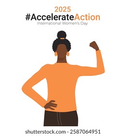 Square banner for International Women’s Day 2025 for a campaign to accelerate action. African American woman doing strength gesture with arm. Concept of support women's rights, solidarity, gender equa