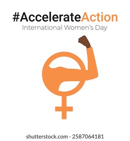 Square banner for IWD2025 for a campaign to accelerate action. Strength gesture with arm female symbol. Concept of support women's rights, solidarity, gender equality. Flat vector.