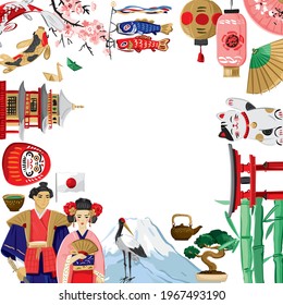 Square banner with Japan symbols isolated on white. Invitation template, greeting cards about Japanese culture, art, nature, traditions. Poster with oriental elements. Cartoon vector illustration.