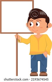 Square banner in kid hands. Fuuny cartoon kid with placard