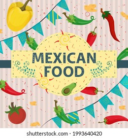 Square Banner label flat on the theme of Mexican food, a large inscription name, in the center of the background are red green hot chili pepper and yellow sweet