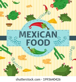 A square banner label is flat on the theme of Mexican food, a large name inscription in the center, on a background of cacti and spicy red and green chili peppers